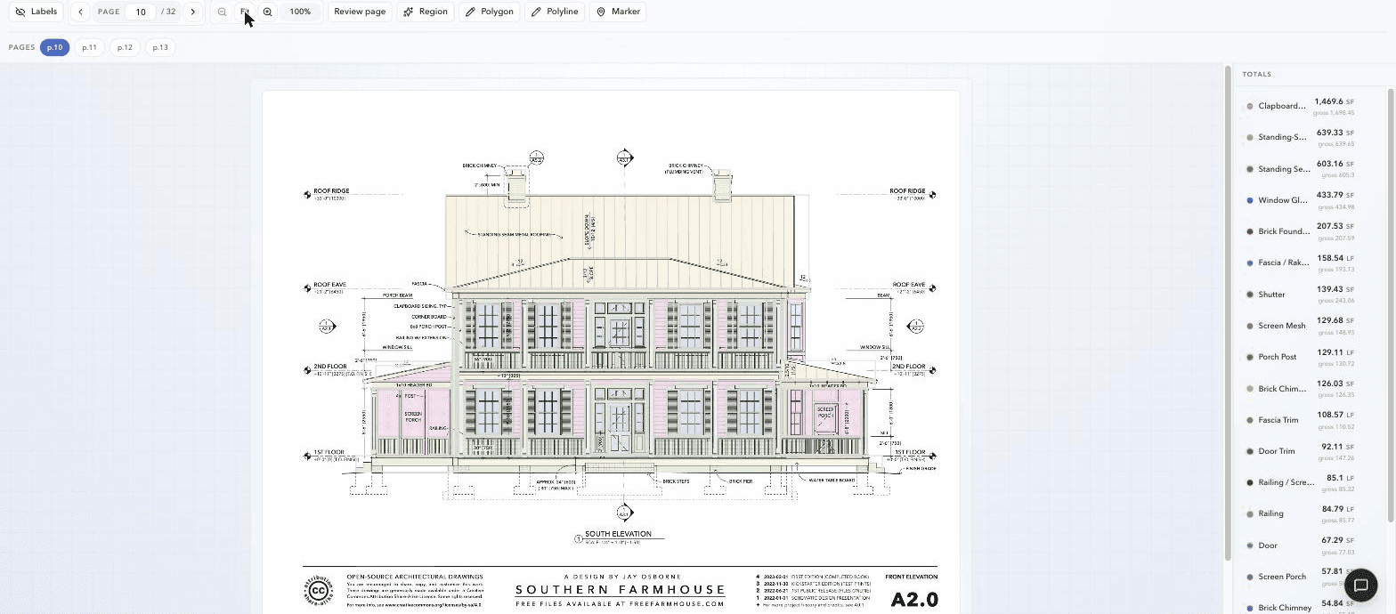 Actual ScopeSift front elevation of the Southern Farmhouse with measured material overlays and quantity totals