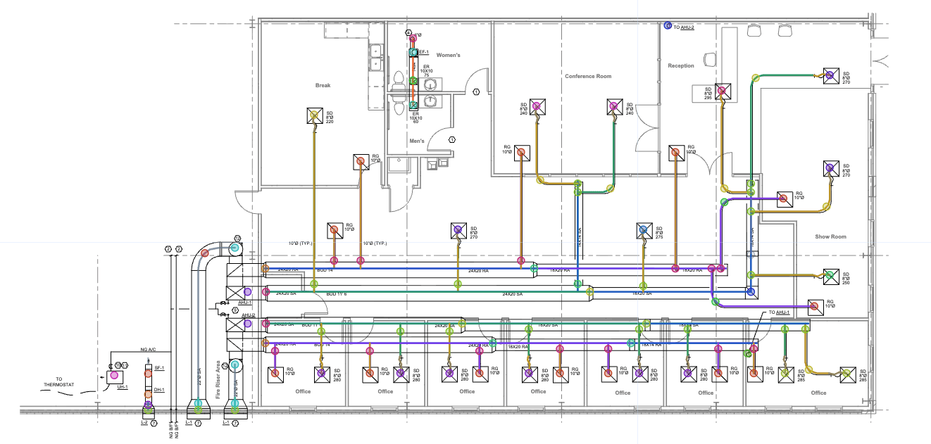 ScopeSift drawing editor zoomed into measured duct runs on a mechanical plan
