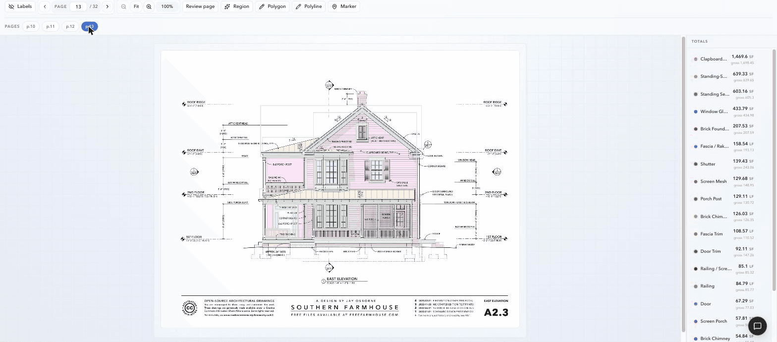 Actual east elevation takeoff for the Southern Farmhouse showing material overlays in ScopeSift