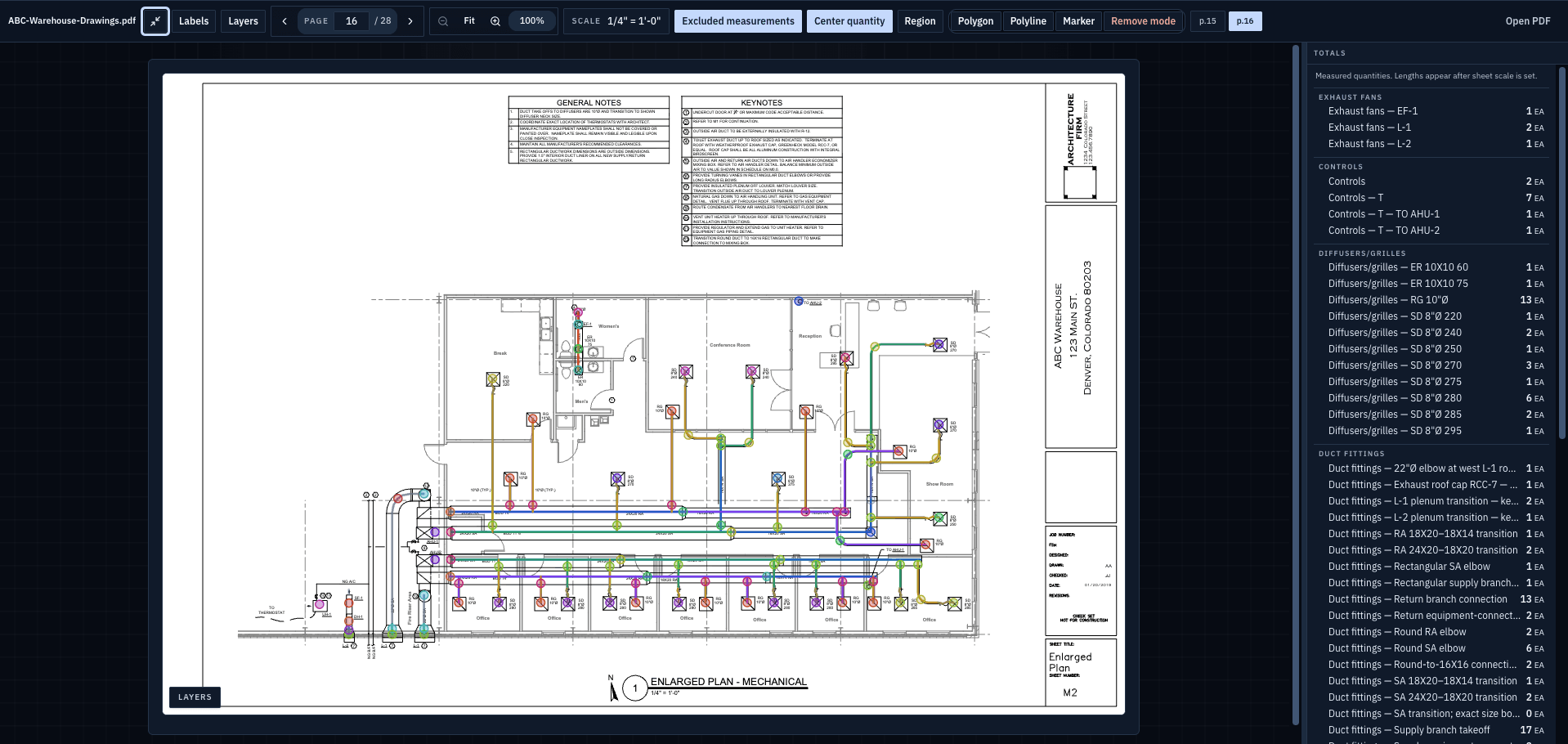 Actual ScopeSift HVAC drawing with measured duct paths and item counts