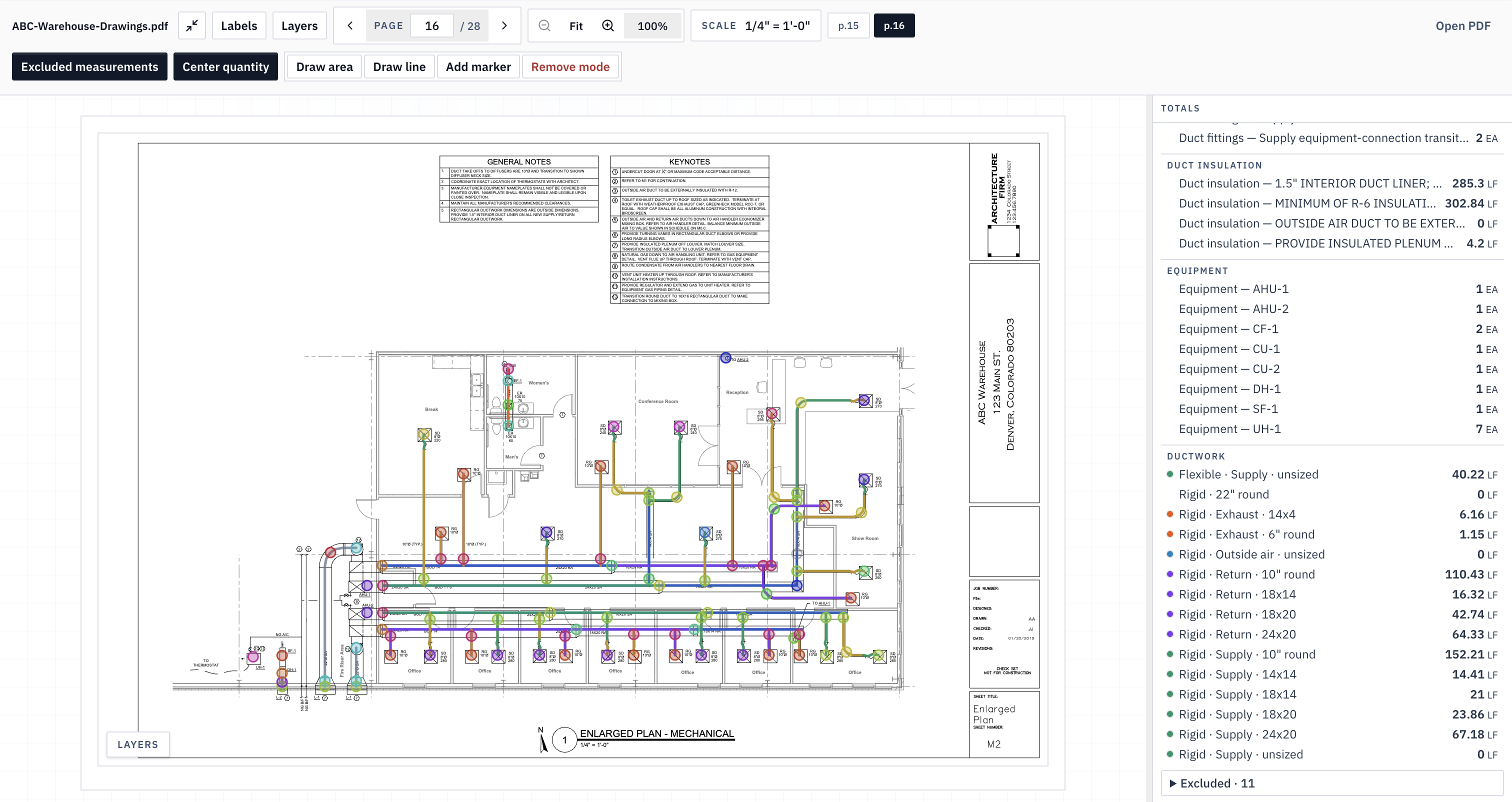 ScopeSift white drawing editor with the ABC Warehouse HVAC plan and measured quantities